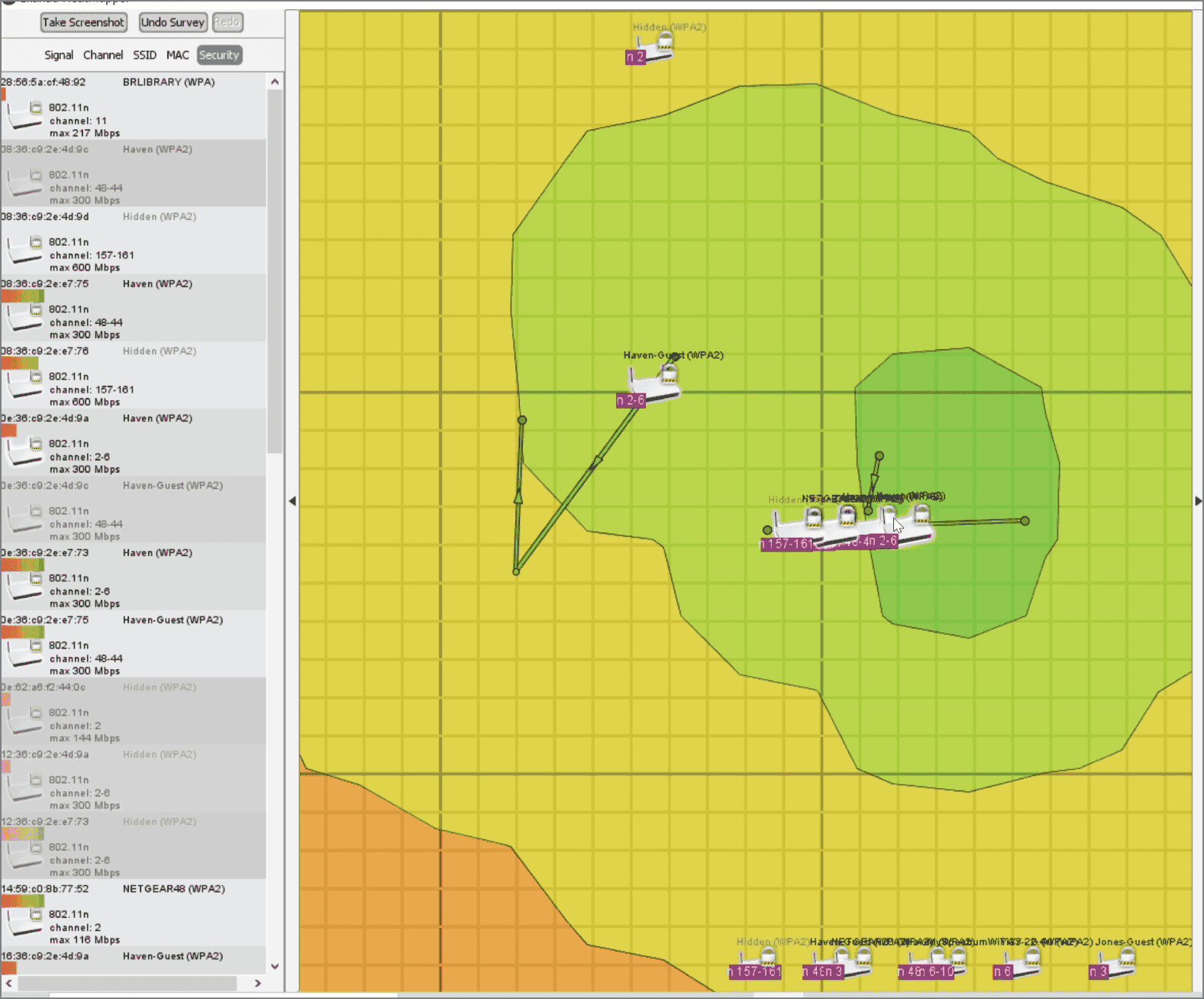 FIGURE 13.3 A wireless heatmap showing the wireless signal available from an access point