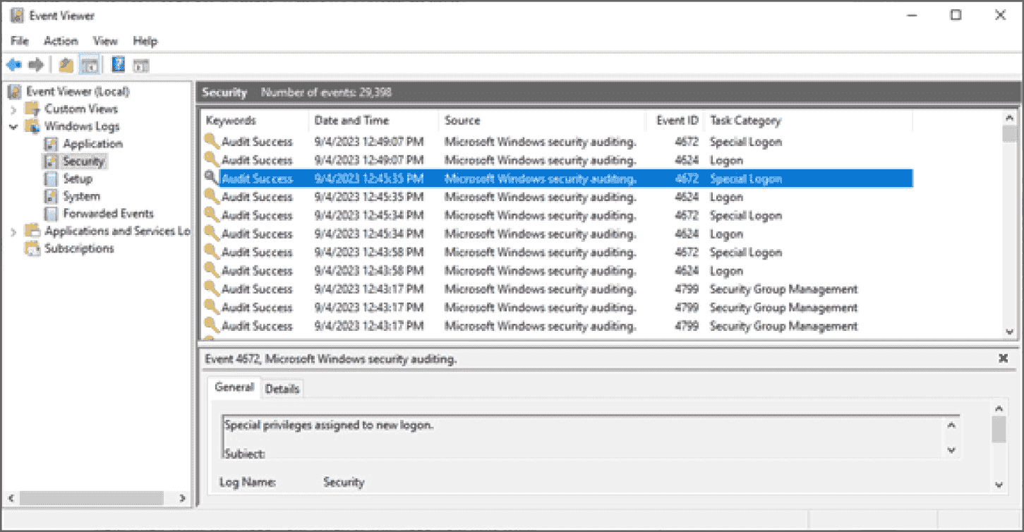 FIGURE 14.7 The Windows Event Viewer showing a security log with an audit event