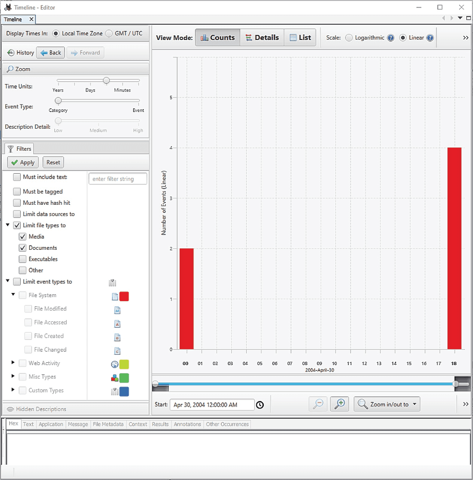 FIGURE 15.9 Timelining in Autopsy to identify events related to the investigation